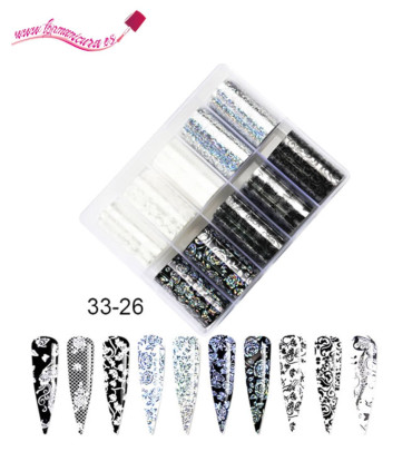 Pack 10 foil uñas blancos & negros 33-26